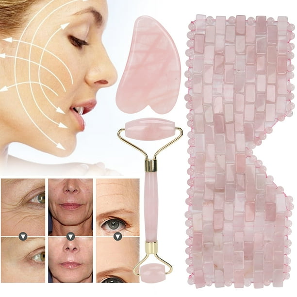 Almohadilla para ojos de cuarzo rosa rodillo de masaje facial juego de tabla raspadora suministros hechos a mano de jade natural masajeador de cuarzo rosa para cara ojos ANGGREK Otros