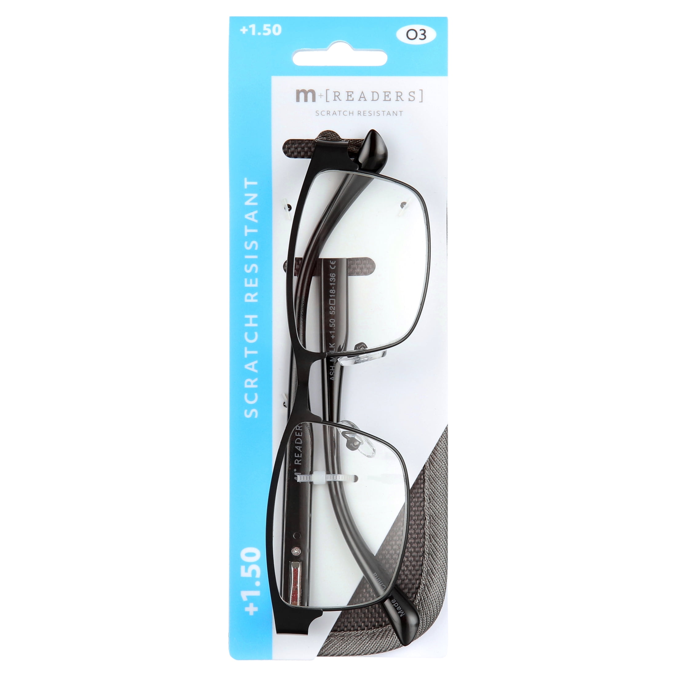 M+ Men's Ash +1.50 Rectangle Reading Glasses with Case, Black Matte