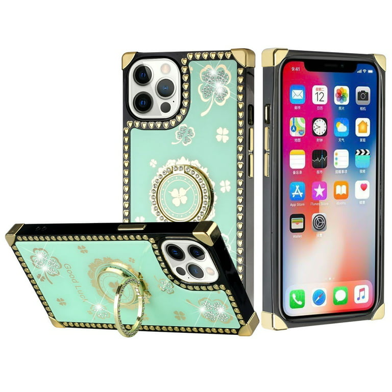 Xpression Mobile for Apple iPhone 11 (6.1 inch) Black Gold Fashion Square Hearts Design Diamonds Bling Sparkly Glitter with Ring Stand Cover ,Xpm Phone Case [ Flowers