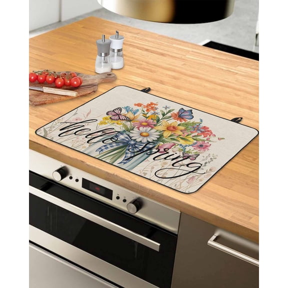 Large Induction Cooktop Protector Mat Spring Flowers Stove Top Covers for Electric Stove, Vintage Farmhouse Botanical Wildflowers Decorative Stove Burner Cover Mats, Glass Top Stove Cover
