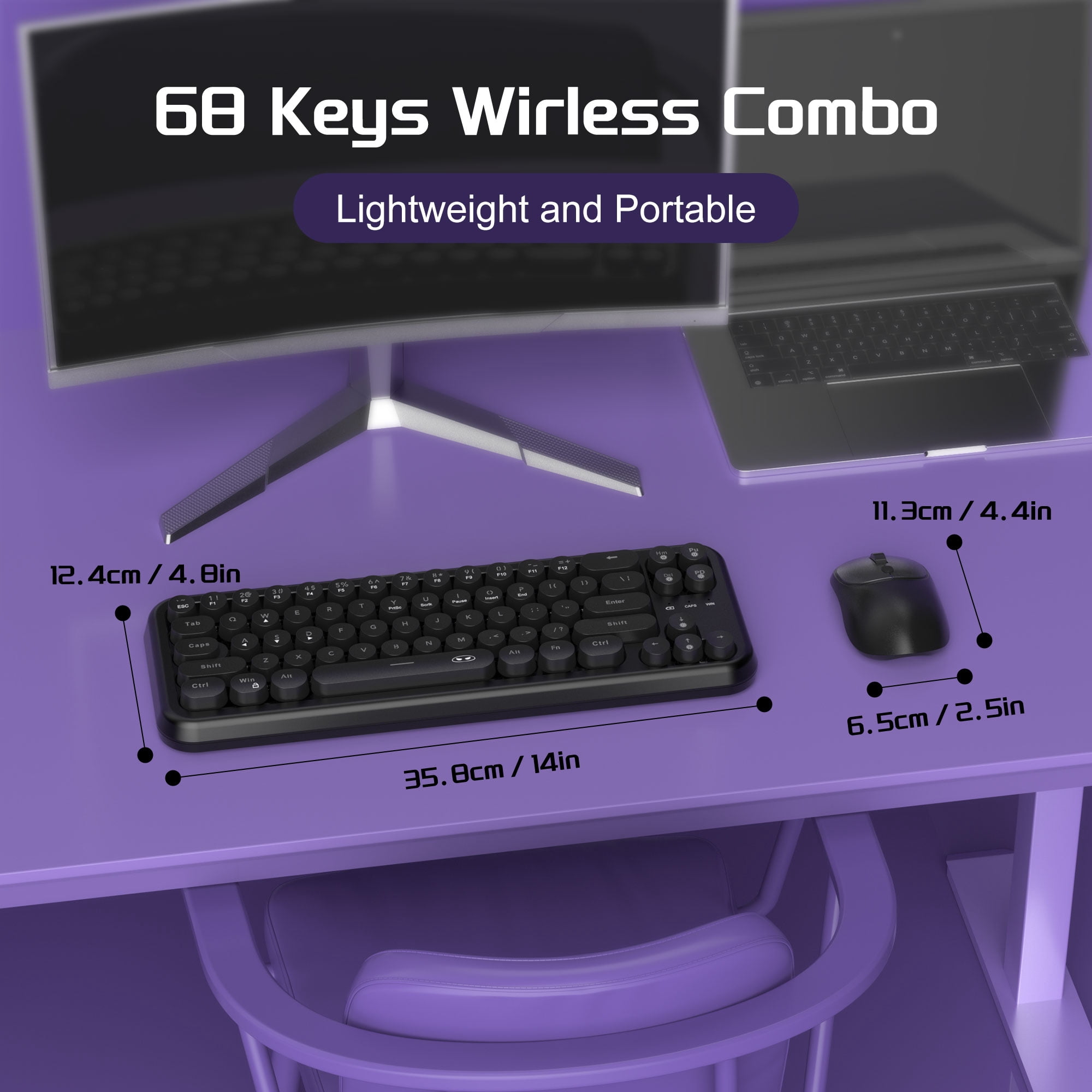 60% Retro Typewriter Round Wireless Keyboard and Mouse,2.4G RGB Backlit Keycaps Compact 68 Keys Keyboard Quiet Light Up Letters with Mouse for Computer Mac Windows PC Laptop