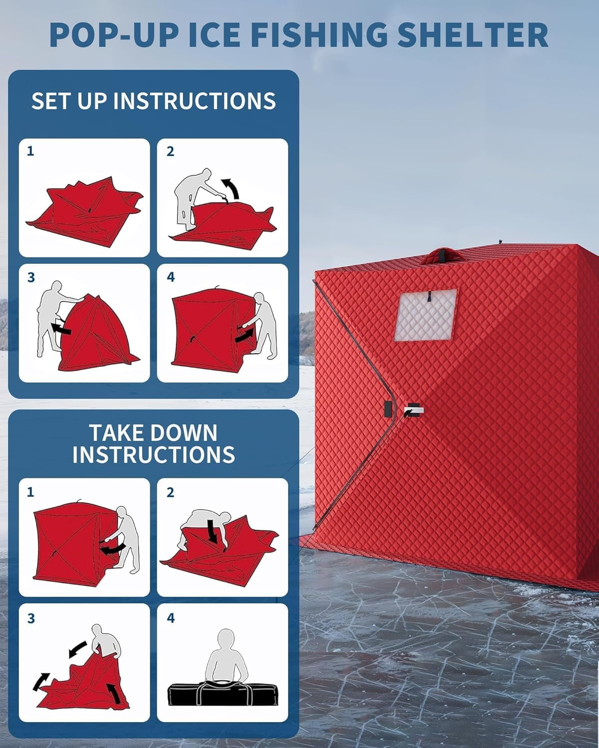 Lumiparty Pop Up Ice Fishing Tent Fully Insulated, Portable 1-2 Person Ice Fishing Shelter, Waterproof Oxford Fabric, Winter Windproof Hut Snow Hub with Anchors, Ropes & Carry Bag, Red