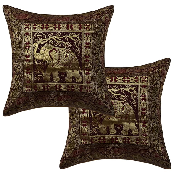 Stylo Culture Indian Decorative Throw Pillow Covers 16 x 16 Floral Jacquard Dark Brown Square 40cm x 40cm Home Decor Brocade Elephant Zippered Cushion Covers | Set Of 2