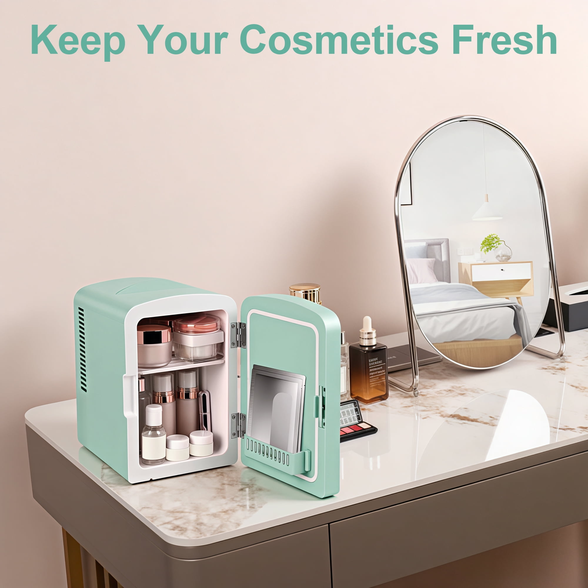 IceBlue LED Mirror Skincare Refrigerator- 4L Mini Fridge for Makeup & Drinks - Car/Home Portable Cooler