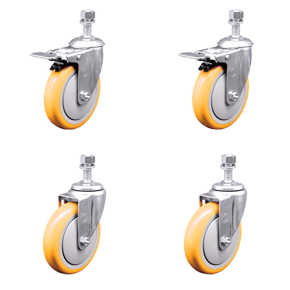 5 Inch Yellow Polyurethane Wheel Swivel ½ Inch Stem Caster Set 2 Total Lck Brake