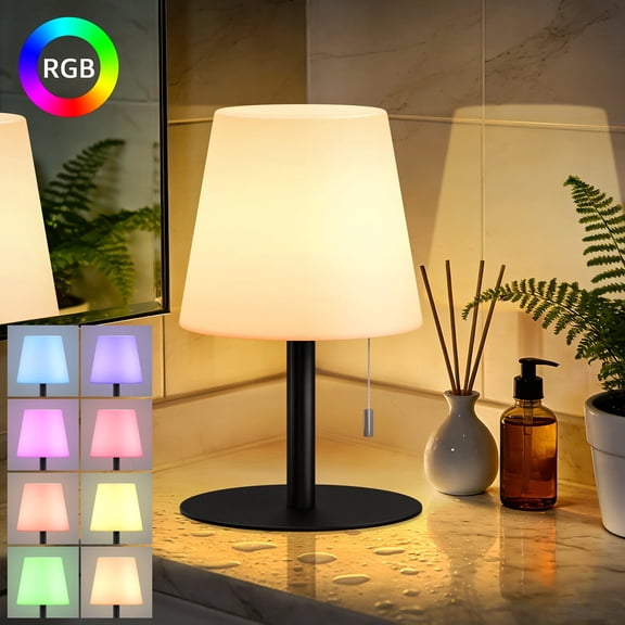 Postlucky 10" Waterproof Shower Lamp Small LED Table Lamp Cordless, Black for Bedroom/Nightstand/Porch, USB Charging/Warm Light/RGB Color Changing