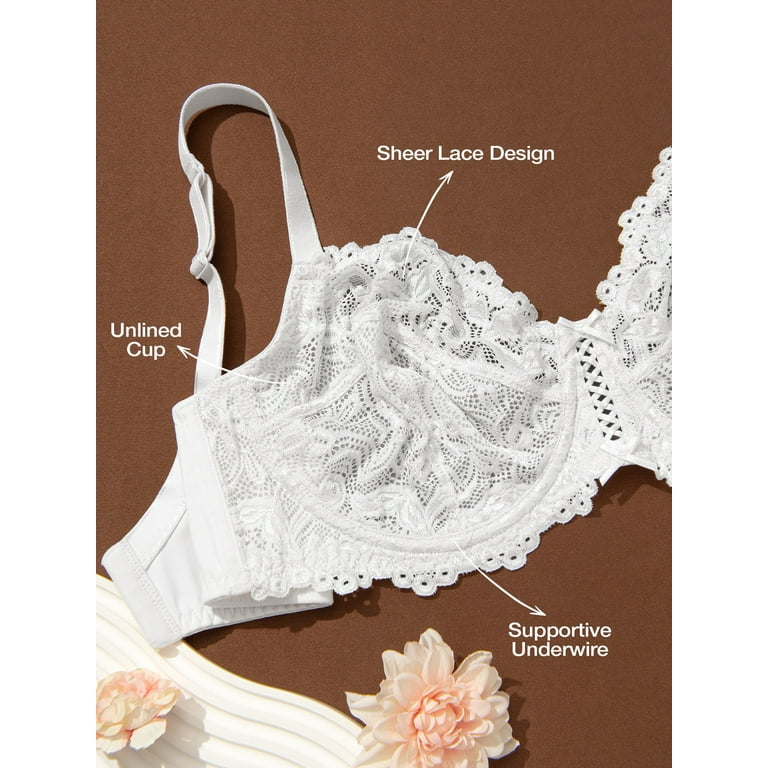 Deyllo Women's Non Padded Sheer Lace Bra Unlined Plus Size Underwire Bra,  White 44C