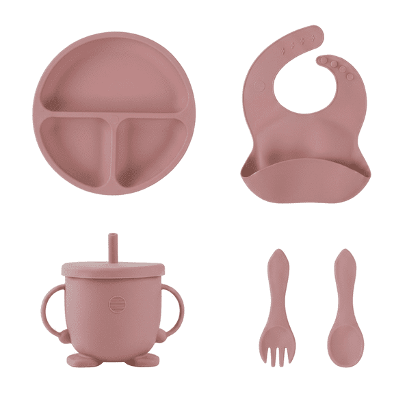 ROSEXIXI Silicone Baby Feeding Set 6 Pcs Baby Eating Essentials Strong Suction Toddler Plates And Bowls Set Soft Silicone Utensils With Straw Cup And Bib for Infants Self Feeding Training