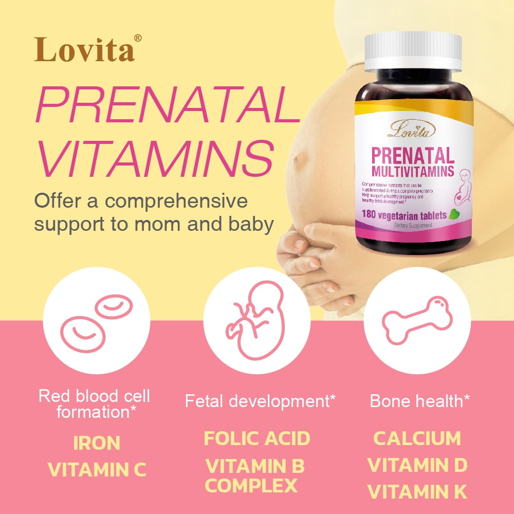 LOVITA Prenatal Multivitamins with Folic Acid & Iron, Support for Mom & Baby, 180 Vegan Tablets