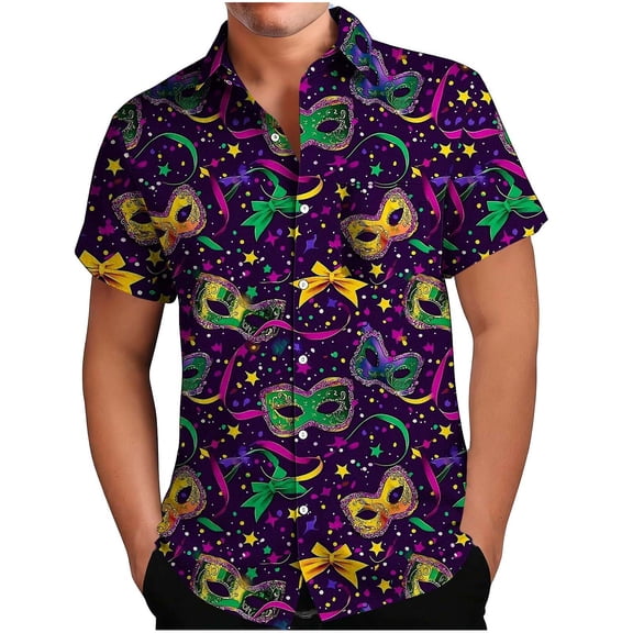 Alkepwun Mens Short Sleeve Button Down Shirts Casual Relaxed Fit Plus Size Carnival Print Collared Top Lightweight Comfort Breathable Beach Party Shirt