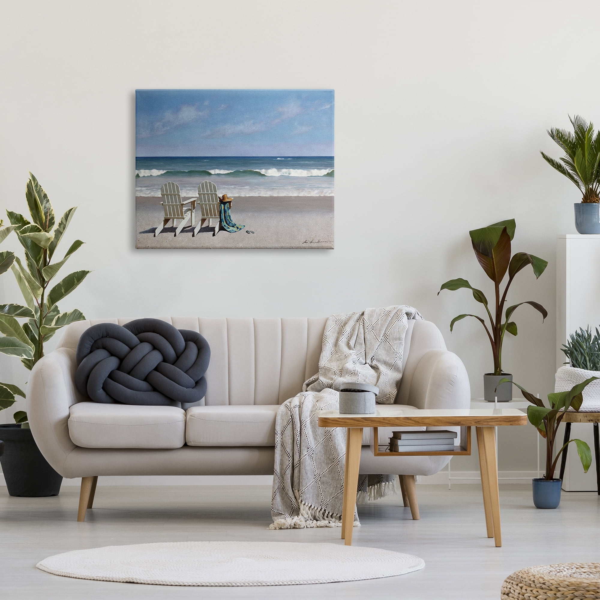 Stupell Home Décor Two White Adirondack Chairs on the Beach Modern Unframed Painting Canvas Art Prints,30 x 40