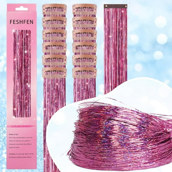 FGERFE-Clip in Hair Tinsel - 12 PCS Pink Clip ins Glitter Tinsel Hair Extensions Sparkle Fairy Dazzle Colorful Accessories Kit for Women 20 Inch