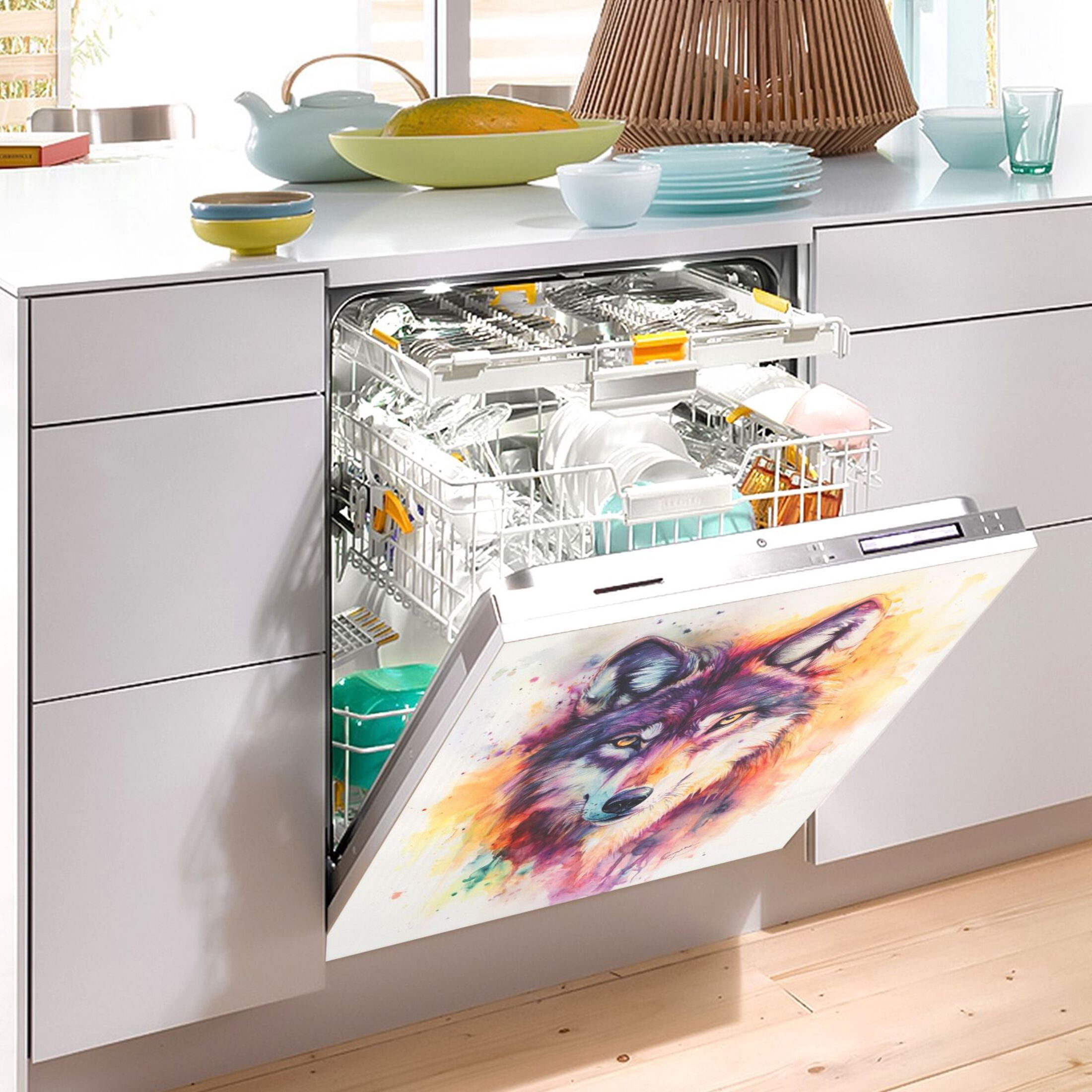 Dishwasher Magnetic Sticker 23x26 Inch Refrigerator Magnetic Sticker Washing Machine Magnetic Sticker Kitchen Panel Magnetic Sticker Home Decor Color Watercolor Wolf