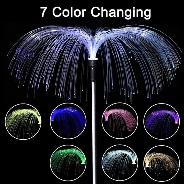 Lámpara LED de jardín con forma de medusa de fibra óptica ZJT250120174 | Lámpara solar de exterior con forma de medusa de fibra óptica y cuentas de colores degradados | Lámpara de estaca de ti