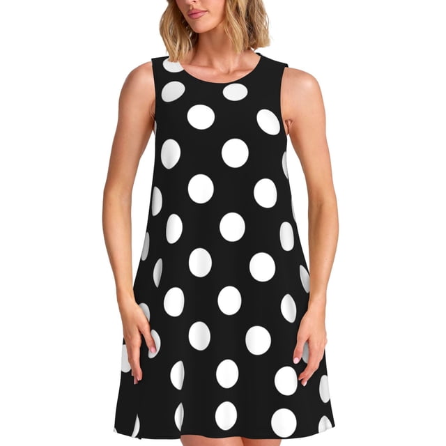 Fotbe Black and White Polka Dot Vestido de Verano sin Mangas para Mujer – Vestido Midi Línea A, Estilo Camiseta Floral, Vestido Playero Casual y Fluido