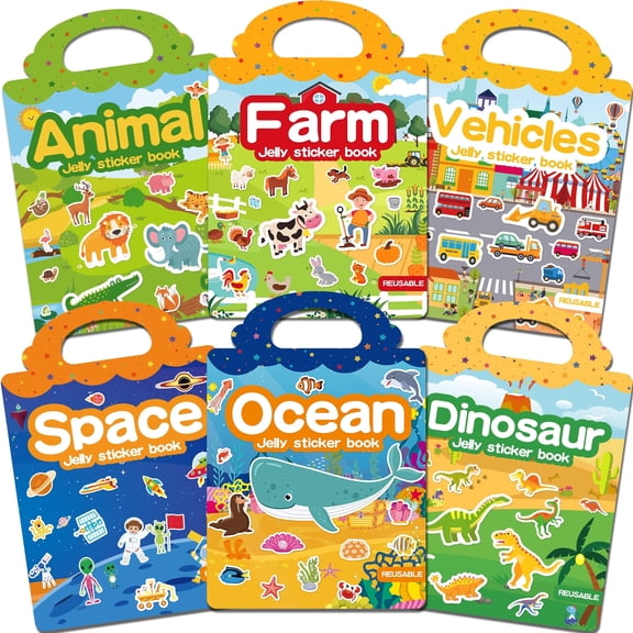 Reusable Sticker Book for Toddlers 3-6, 6 Set Jelly Stickers Book for Kids, Travel Sticker Activity Toys for Childs 3 4 5 6 Years Best Gifts