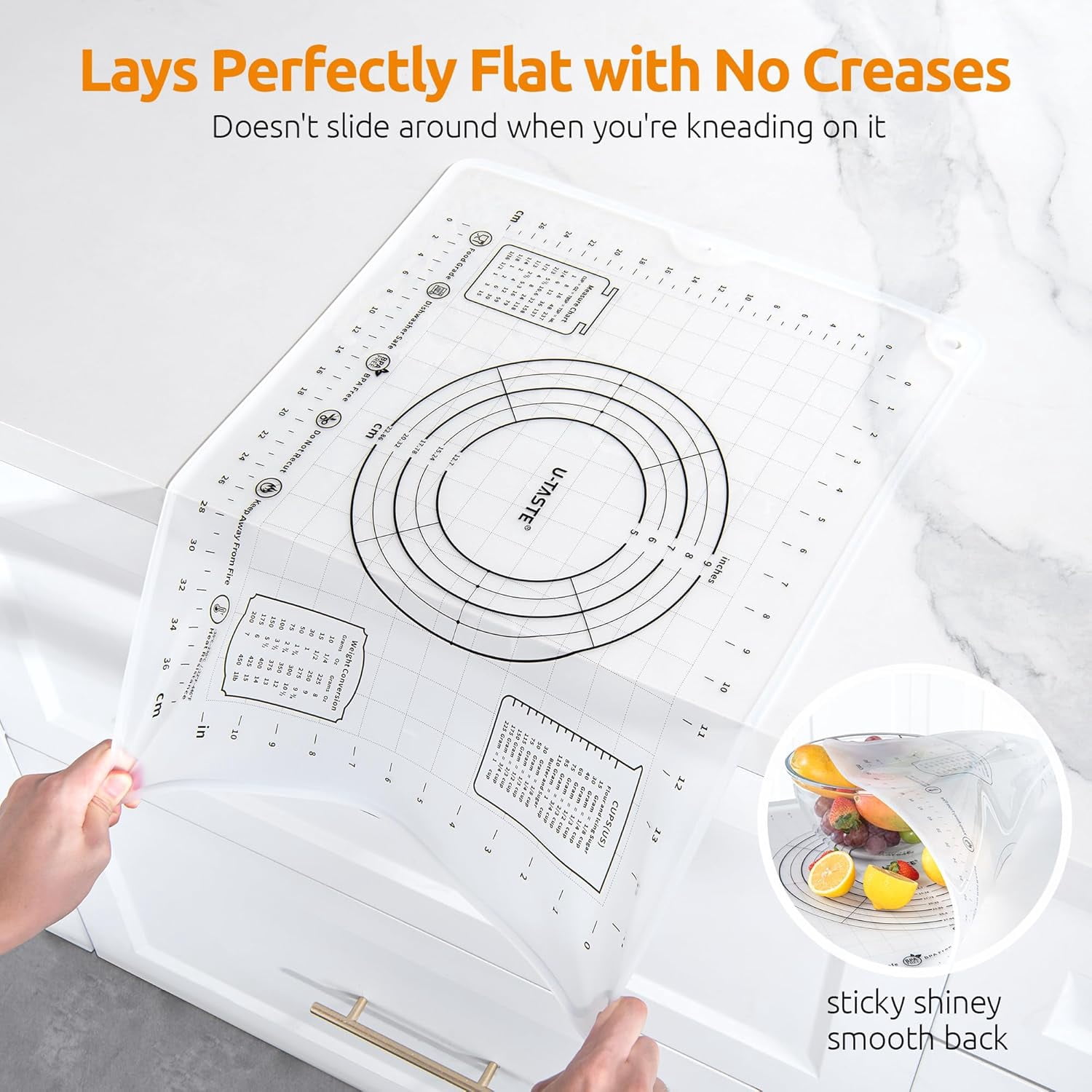 U-Taste Large Silicone Pastry Mat: 20inx16in Food-Grade Non-Stick Dough Rolling Baking Sheet, Non Slip for Kneading Prep Pizza, Fondant, Pie Crust with Clear Measurement and Raised Edges (Clear)