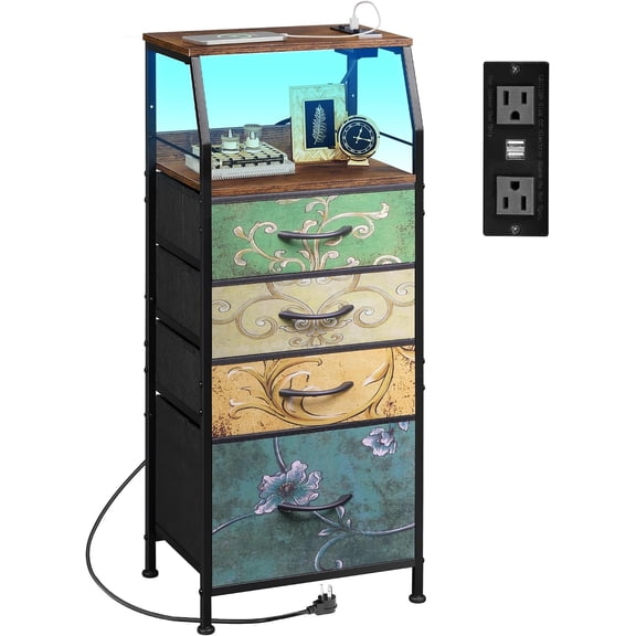 WLIVE 4-Drawer Dresser, 37" H Nightstand w/Charging Station & LED Light, Tall Bedside Table, End Table w/USB Ports & Outlets, Fabric Bins