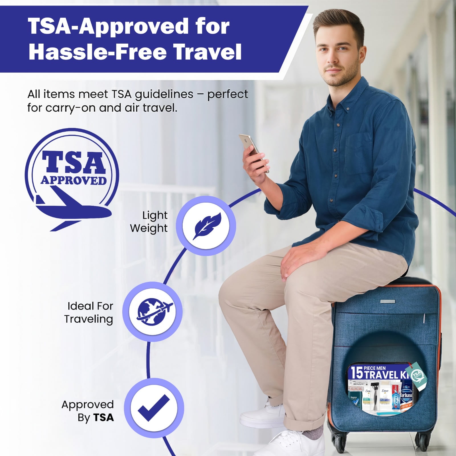 Trektote Travel Toiletry Kit For Men of Travel Size Toiletries, TSA Compliant, Includes Shampoo And Conditioner, Travel Size Shave Cream, Reusable Toiletry Bag & More (50 Pack)