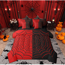 Manfei Black Red Spider Web Twin Bedding Sets 7-Piece, Gothic Cartoon Bedding Comforter Set, Spooky Halloween Theme Reversible Sheet Sets, Microfiber Bedroom Decor