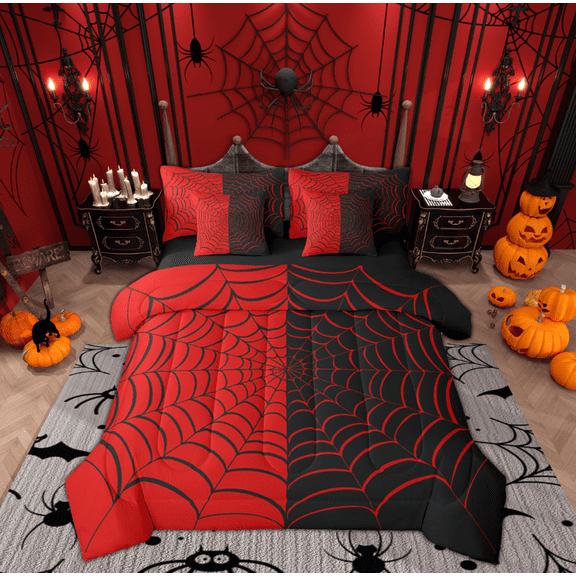 Manfei Black Red Spider Web Twin Bedding Sets 7-Piece, Gothic Cartoon Bedding Comforter Set, Spooky Halloween Theme Reversible Sheet Sets, Microfiber Bedroom Decor