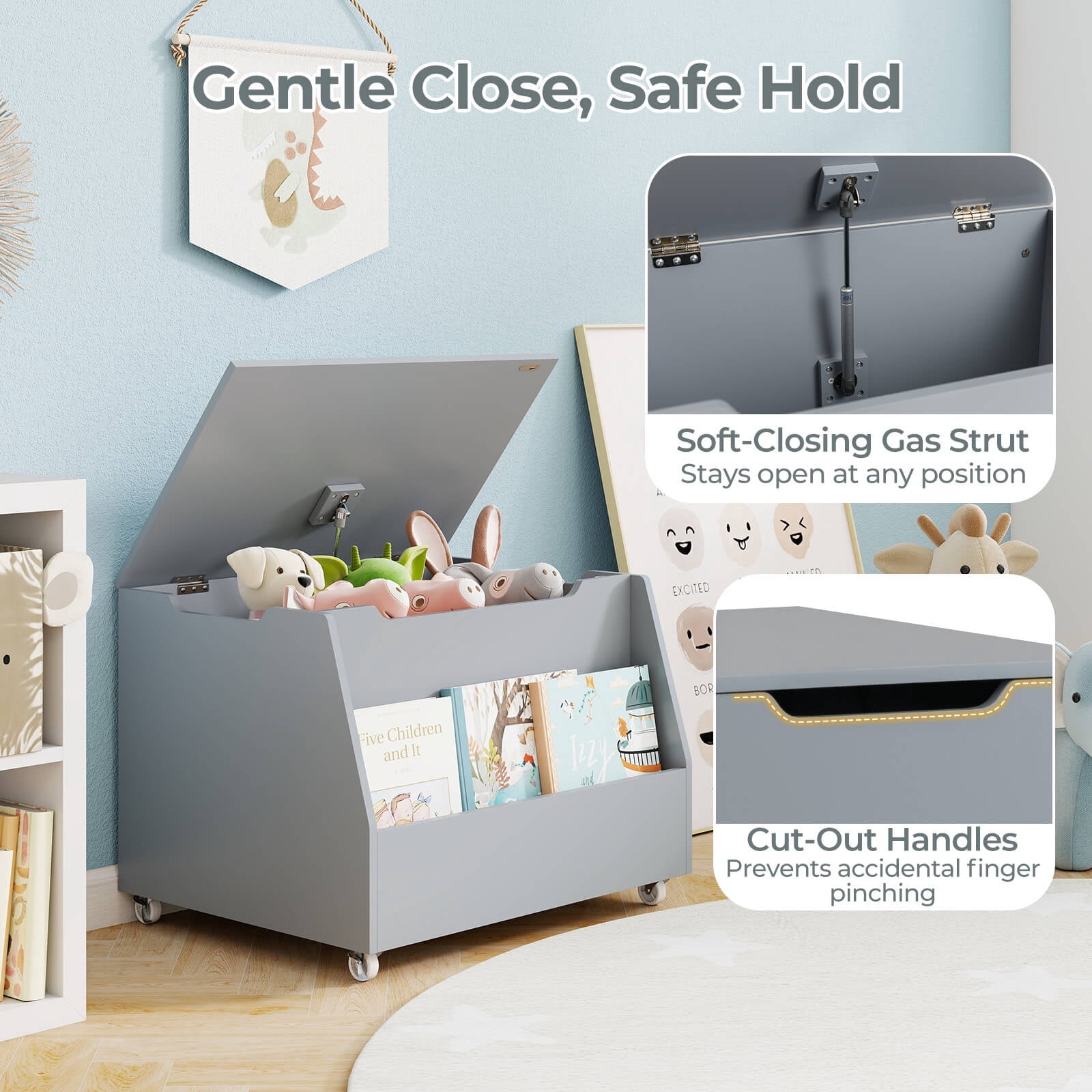 Costway Kids Toy Box Wooden Mobile Toy Storage Organizer with Bookshelf & Lockable Wheels Gray