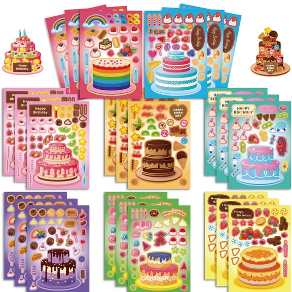 JESTAR 24Pcs DIY Cake Decorating Stickers for Kids, Birthday Cake Craft Sticker Sheets Party Favors Goodie Bags