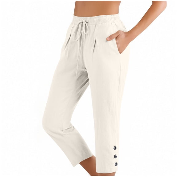 Curuila Womens Pants With Pocket Comfort Solid Color Drawstring Elastic Waist Casual Mid-Calf Trousers White Size 2Xl