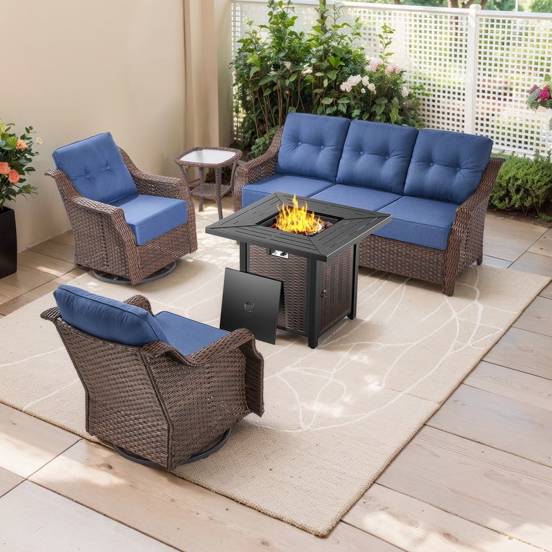 PARKWELL 5 Pieces Outdoor Patio Furniture Set with Fire Pit Table Luxury 6 Thick Conversation Set with Swivel Glider Chairs All-Weather Seating Furniture Set for Backyard Deck Brown/Navy