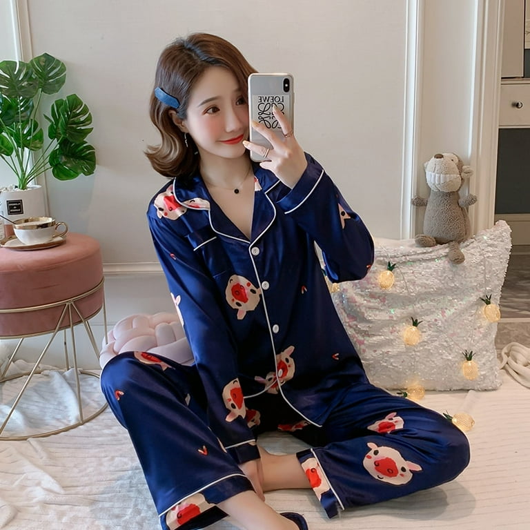 DanceeMangoo Long Sleeve Silk Pajamas Spring Autumn Women Pajama