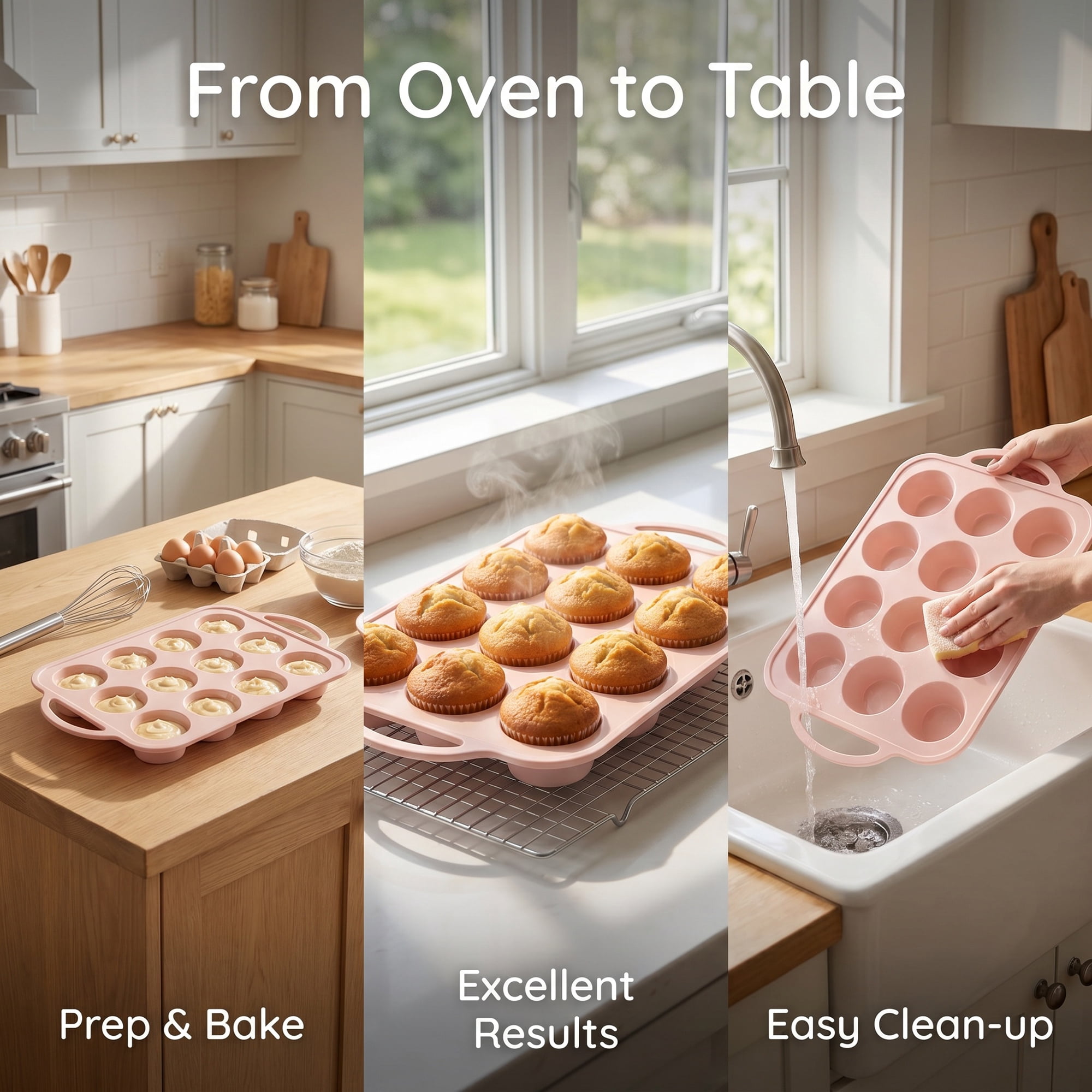 Unique Bargains Baking Pan 12-Cup Nonstick Silicone Tray with Dual Handles Pink 14.8"x8.9"x1.3"