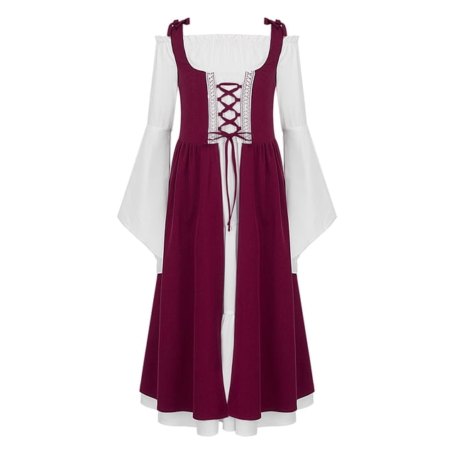 MSemis Enfants Filles Style Médiéval Renaissance Déguisements Costumes Irlandais Victorien Vintage Halloween Cosplay Longue Manche Évasée Robe Bourgogne 8