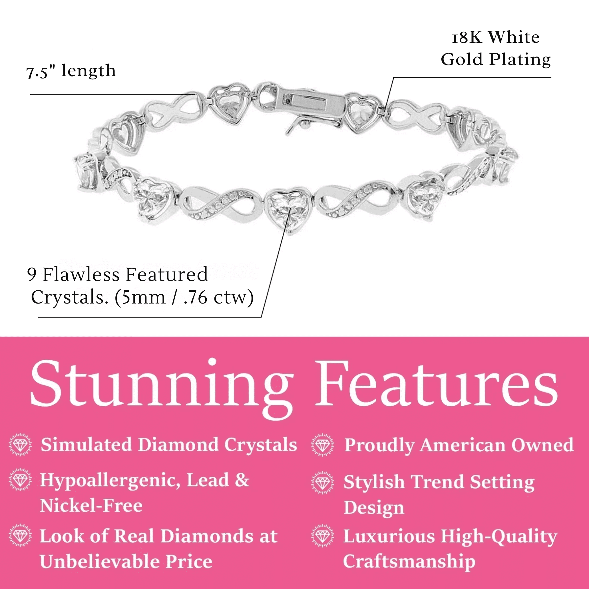 Cate & Chloe Amanda 18k White Gold Plated Clear Heart Bracelet with Simulated Diamonds for Women