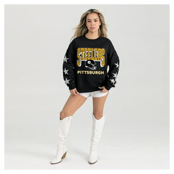 Women's Gameday Couture  Black Pittsburgh Steelers Pure Victory Rhinestud Star-Sleeve Pullover Sweatshirt