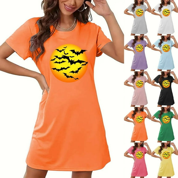 Meichang Short Sleeve Nightgown for Women Women's Halloween Nightgown Sleepwear Tshirt Dress Halloween Print Sleepshirt Summer Fall Crew Neck Loose Nightshirts