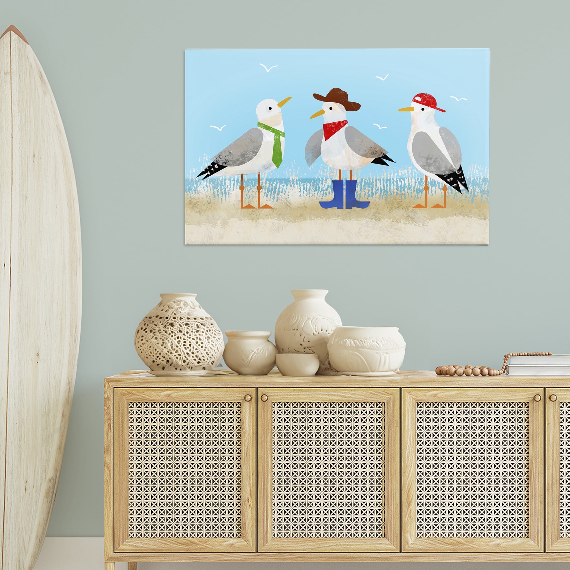 Stupell Industries Dressed Seagulls on Beach Animals Painting Wrapped Canvas Art Print Wall Art, 45 x 30