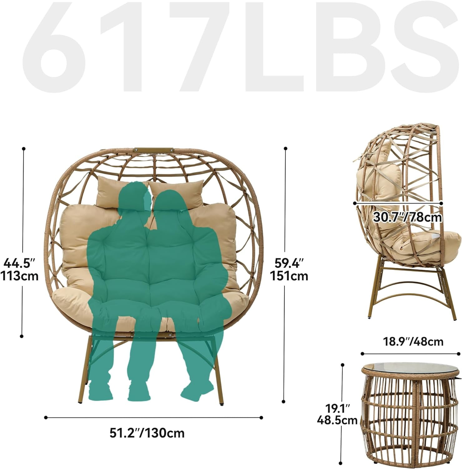 Dextrus Double Egg Chair with Cushions & Handwoven Rattan, Beige (Set of 2)