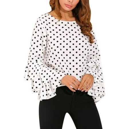- Babula Women Casual Trumpet Sleeve Polka Dots Blouse Tops