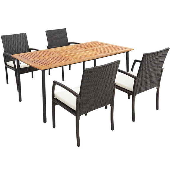 Furnibear 5 Pieces Patio Wicker Cushioned Dining Set Outdoor Conversation Set with Umbrella Hole Table and Acacia Wood Chairs, Mix Brown