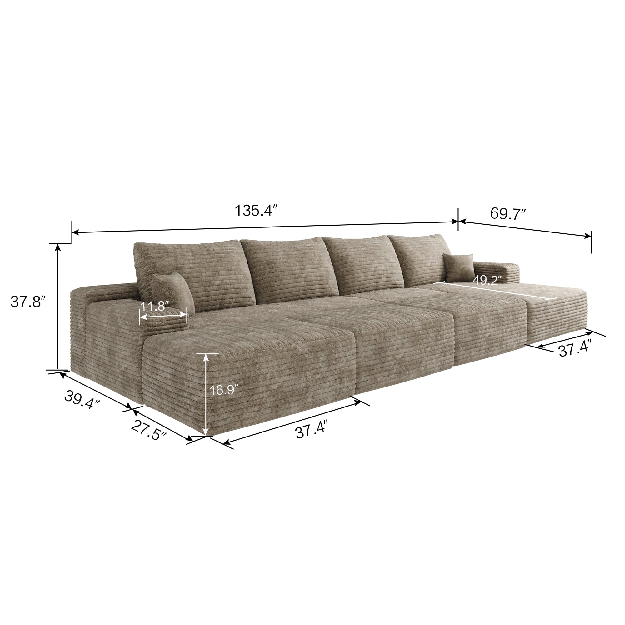MAYEERTY 135" Large Modular Cloud Sofa Bed, 6-Seater Living Room Sofa, No Assembly Plush Corduroy Fabric, Camel (6 packages)