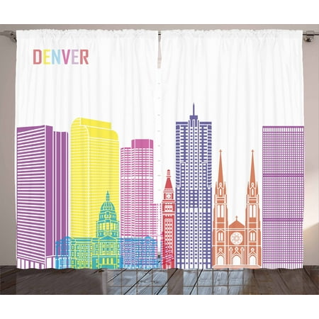 Denver Curtains 2 Panels Set, Urban Buildings Apartments North American Skyline State Modern Town Artful Cityscape, Window Drapes for Living Room Bedroom, 108W X 96L Inches, Multicolor, by