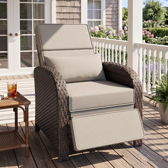 EAGLE PEAK Outdoor Wicker Recliner Chair with 160° Reclining, Adjustable Back and Footrest, Reclining Lounge Chair with Thick Cushions, Set of 1, Beige/Brown