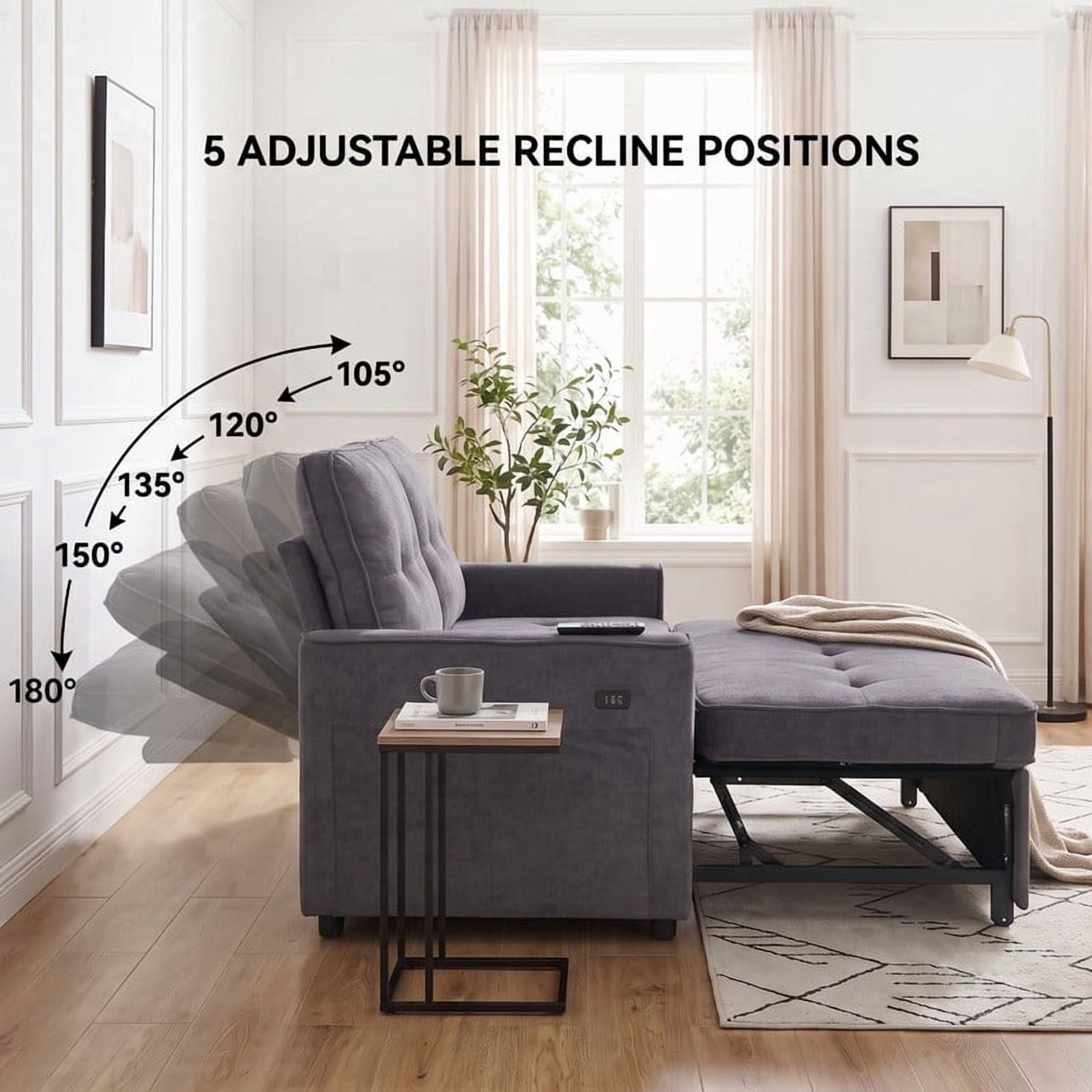 Gewnee 53" Sofa Bed, 3 in 1 Convertible Loveseat Sleeper Sofa, Pull Out Couch with USB Port, Futon Sofa Bed with Storage Pockets for Small Spaces, Teddy Fabric,Light Gray