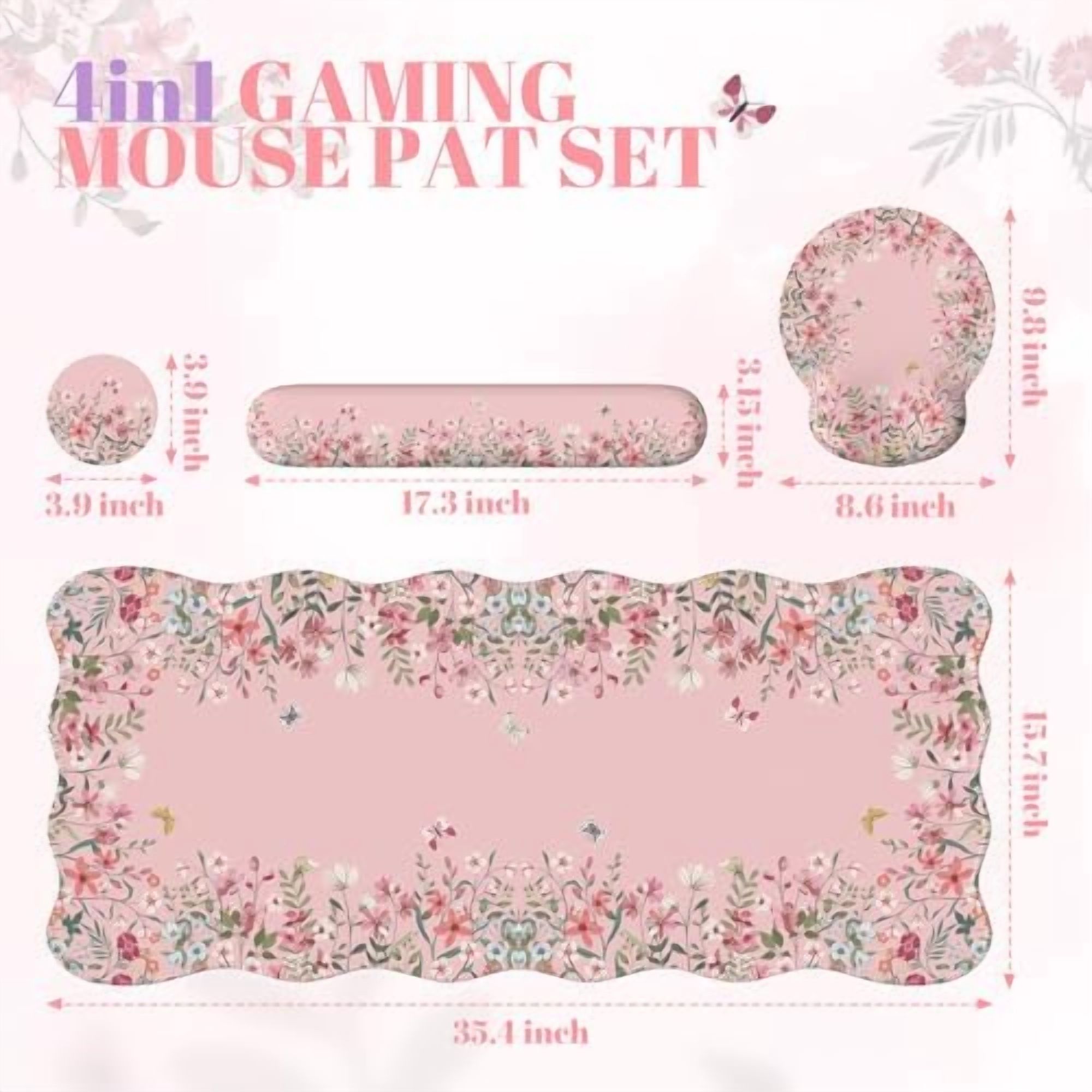 Tekola Desk Mat Set,Large Mouse Pad with Wrist Rest,Ergonomic Keyboard Wrist Support for Women,Girly Floral Computer Mat with Scalloped Edges,Non-Slip Desk Pad Home Office Gaming (Pink)