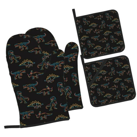 

Fotbe Neon Dinosaur for 4Pcs Oven Mitts and Pot Holders 500℉ Heat Resistant Oven Mitts Non-Slip Silicone Surface Safe for Baking Cooking BBQ