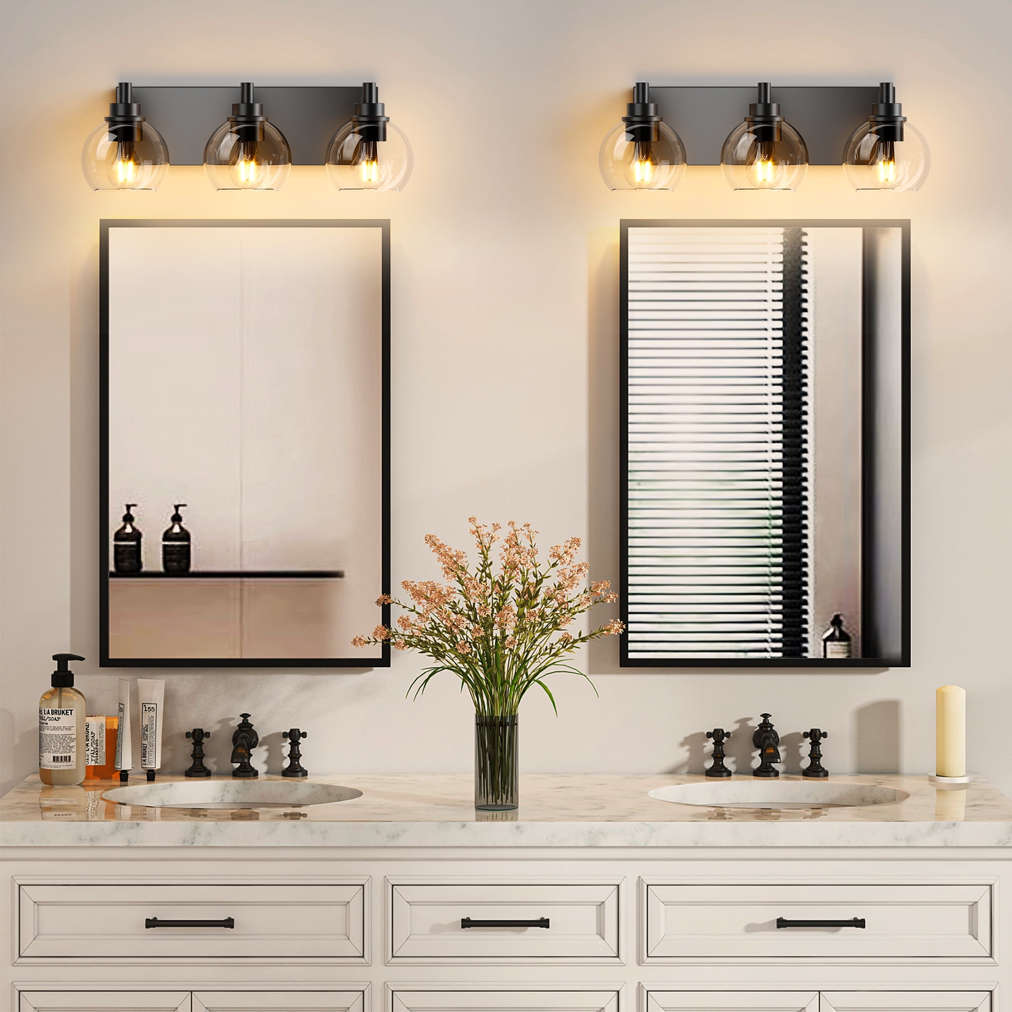 Bathroom Light Fixtures 3 Light Matte Black Vanity Light 20 Inch Modern Wall Sconces with Globe Clear Glass Shade Vanity Lighting Fixtures Over Mirror