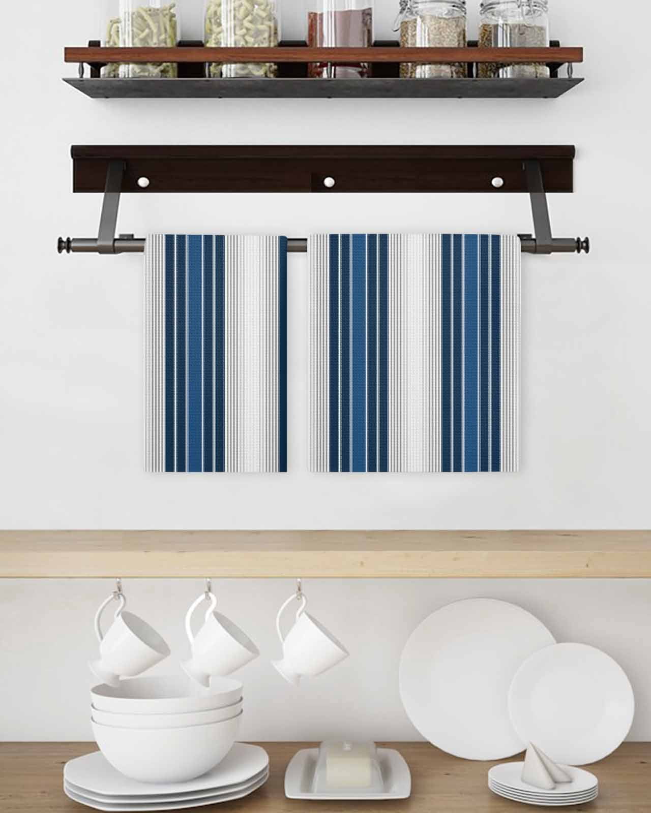 Lake Blue Stripes Kitchen Dish Towels for Drying Dishes Set of 4, Minimalist Abstract Vertical Lines Waffle Weave Microfiber Terry Hand Tea Bathroom Towels Quick Dry & Absorbent Towel 15.7x23.6