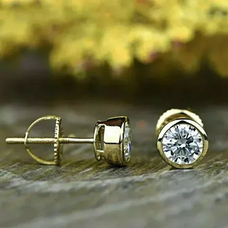 "1 Ct Round Moissanite Bezel Set Mini Stud Earrings | 14K Yellow Gold Plated | Perfect Gift"