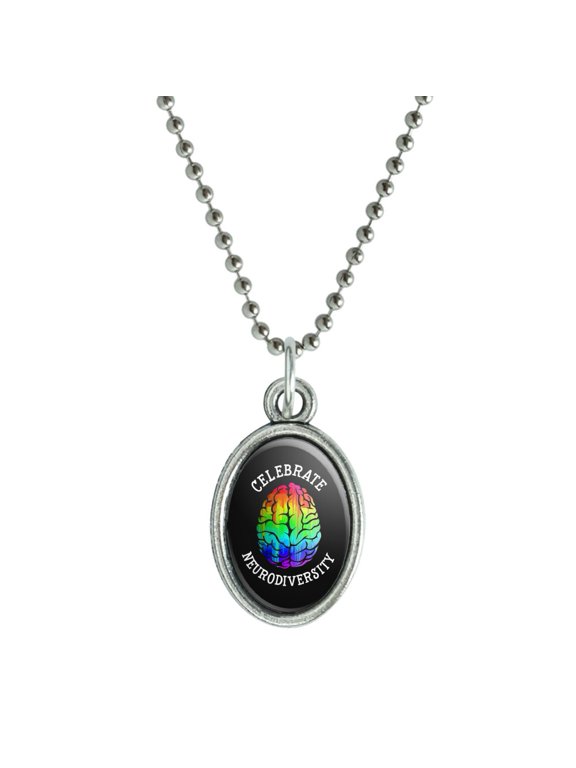 Celebrate Neurodiversity Brain Autism Rainbow Spectrum Antiqued Oval Charm Pendant with Chain