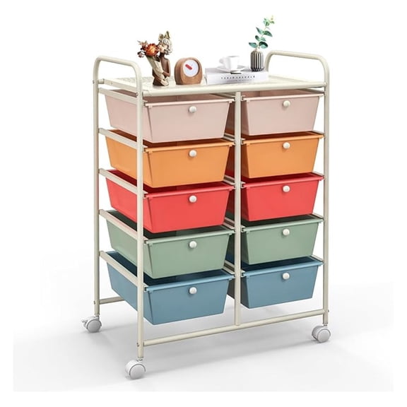10 Drawers Rolling Storage Cart, Cart Organizer for Art, Tools, , Paper, Scrapbook, Utility Cart with Wheels for Home Office School (Macaroon Color)